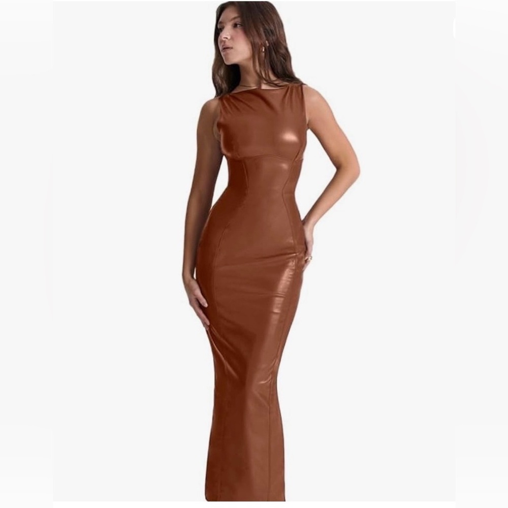 Elegant Bodycon Brown Sleeveless Faux Leather Dress